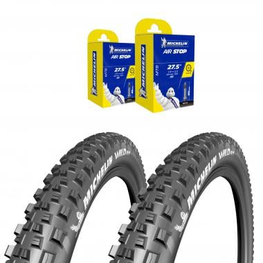 MICHELIN WILD AM COMPETITION LINE 27.5x2.35 Set of 2 Tubeless Ready Folding Tyres GUM-X 716194 + 2 MICHELIN B4 27.5 Inner Tubes 0