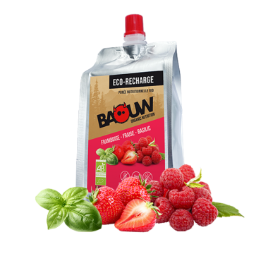 Energiemus ECO RECHARGE BAOUW! BIO Fruchtig Himbeere/Erdbeere/Basilikum (330g) 0