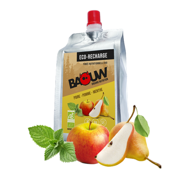 Purée Énergétique ECO RECHARGE BAOUW Bio Recette aux Fruits Poire/Pomme/Menthe (330g) BAOUW! Probikeshop 0