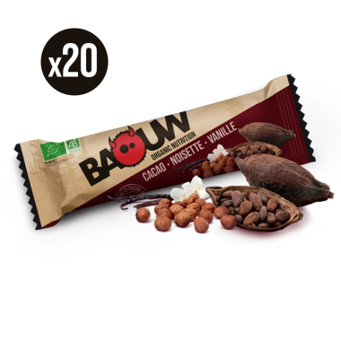 Pack de 20 Barres Énergétiques BAOUW! BIO Recette aux Fruits Cacao/Noisette/Vanille BAOUW! Probikeshop 0